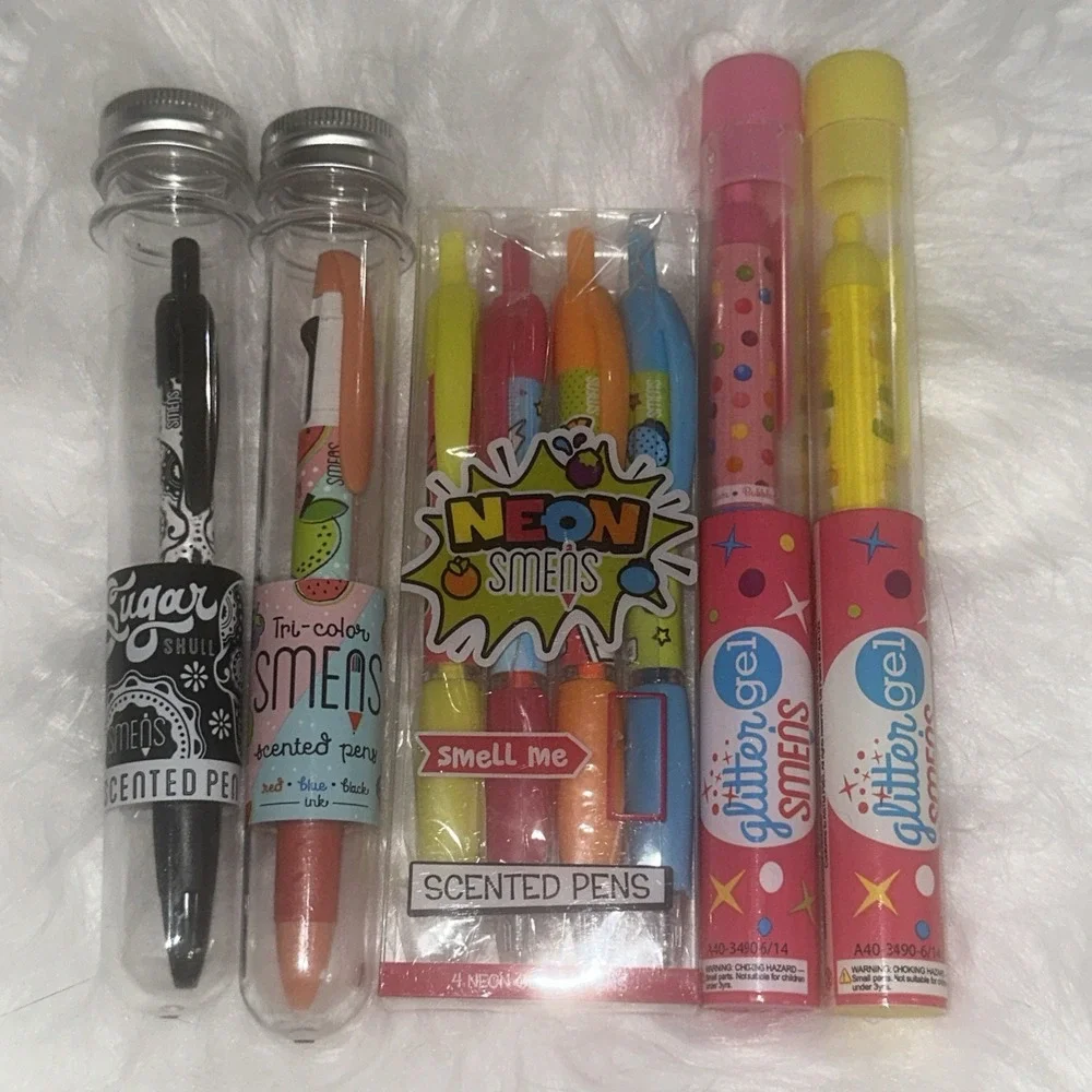 Smens Scented Pens Black Ink Medium Point 8 Count Lot Sugar Skull‎ Neon Glitter